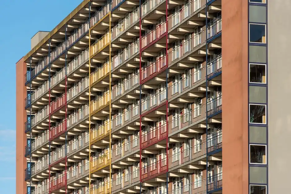 Vibrant multicolored apartment building facade in Rijswijk, Netherlands, showing urban architecture.